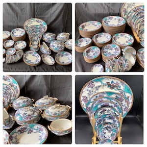 1860&#39;s Pinder Bourne Co. England Extraordinary 102 pieces RARE Antique, Apple Blossom dinnerware set Polychrome flow blue pink and turquoise