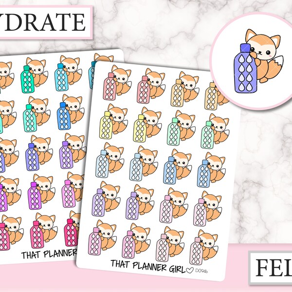 Felix Hydrate Sticker- Track daily water intake with this super cute water bottle and fox - Hand Drawn Original Artwork - D094