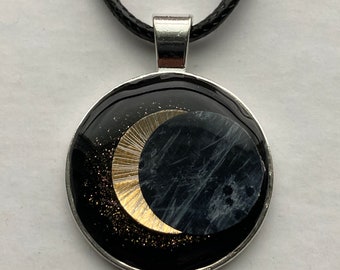 Solar Eclipse necklace, solar eclipse pendant, handmade, sun, moon, 18"-20" adjustable cord