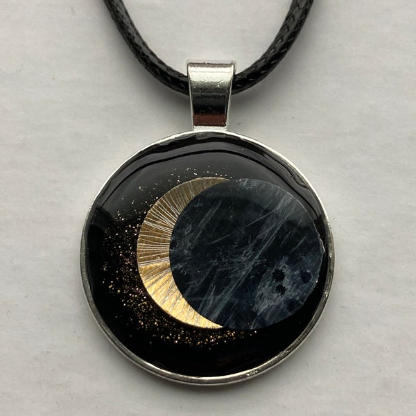 Solar Eclipse necklace, solar eclipse pendant, handmade, sun, moon, 18"-20" adjustable cord