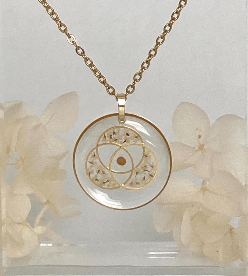 K&ouml;nnte beinhalten: Goldfarbene Halskette mit rundem Anh&auml;nger. Der Anh&auml;nger hat ein klares Harz, das ein Blumendesign mit einem goldfarbenen geometrischen Muster umschlie&szlig;t. Die Kette ist ebenfalls goldfarben, vor einem weichen wei&szlig;en Hintergrund.