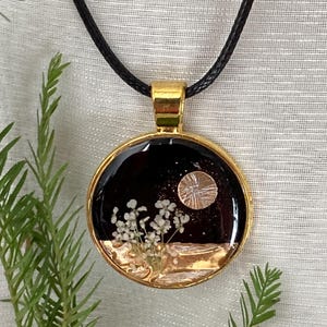 Pressed Flower Necklace: Gold Landscape, Moon, Queen Anne's Lace