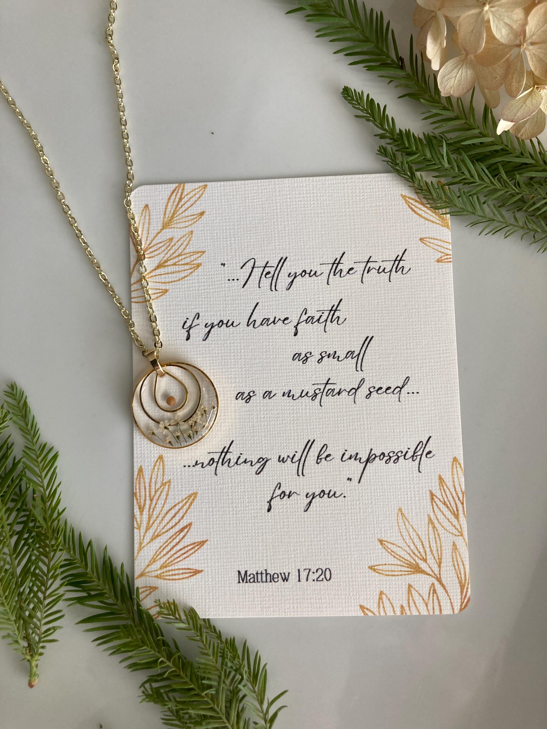 Mustard seed necklace, Mustard seed jewelry, faith necklace, inspirational gift, Christian jewelry, Matthew 17:20, real pressed flowers