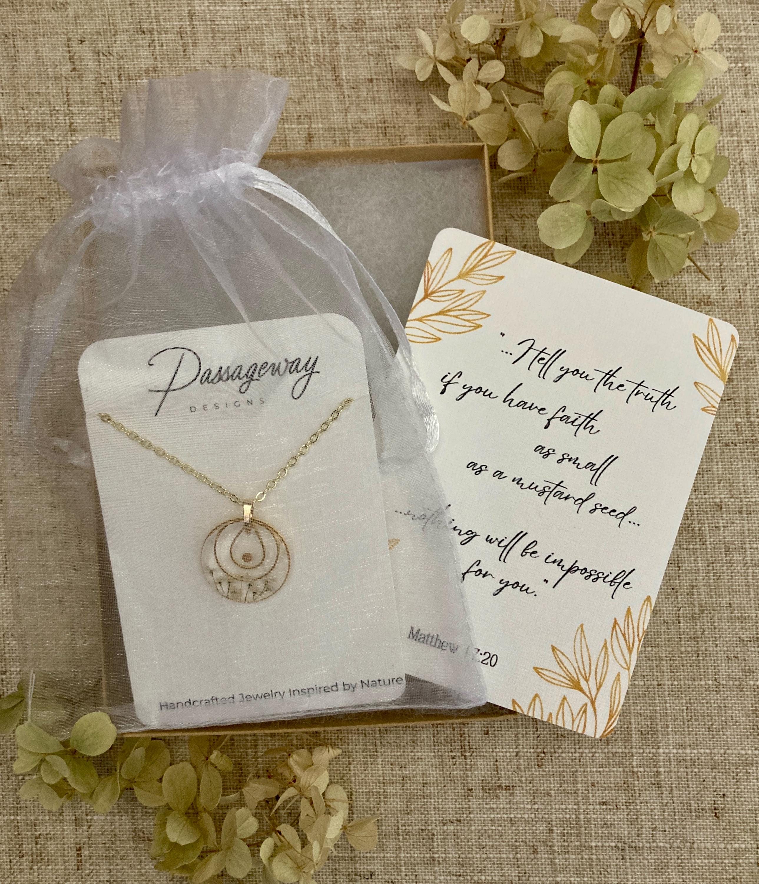Mustard seed necklace, Mustard seed jewelry, faith necklace, inspirational gift, Christian jewelry, Matthew 17:20, real pressed flowers