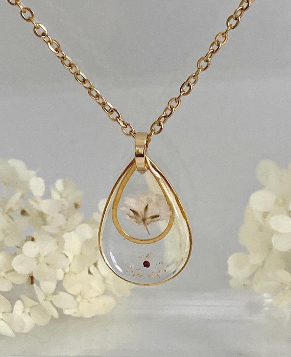 Baby's Breath Resin Teardrop Necklace, Miscarriage Keepsake