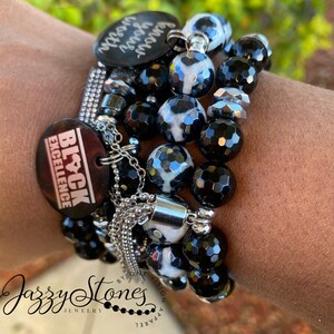Ladies black and white beaded bracelets, onyx, hematite, and electroplated Tibetan bracelet set