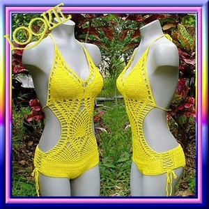May include: Two yellow crochet swimsuits with a halter top and a high-cut leg design. The swimsuits are made with a delicate open-weave pattern.