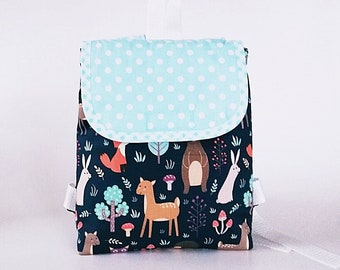 Children's backpack forest animals with name chain//cotton dark petrol-mint//kindergarten bag