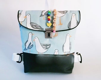 Children's backpack seagull / kindergarten bag / light blue and dark gray canvas