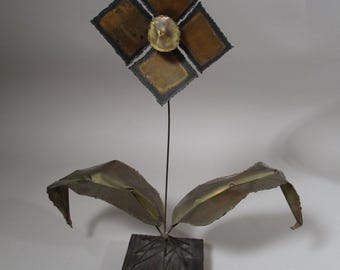 Vintage Mid Century Copper Brass Brutalist Flower Daisy Sculpture Signed Bruce Friedle 1969