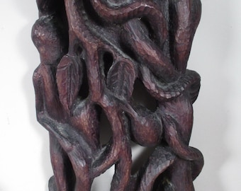 Vintage Caribbean Hand Carved Wood Abstract Sculpture Primitive Tribal Folk Art Wall Plaque