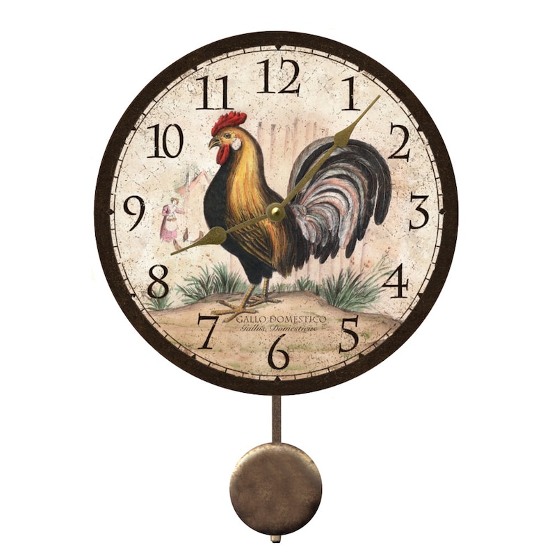 May include: A brown pendulum clock with a rooster design. The clock face has Roman numerals and a black and gold rooster illustration. The text "GALLO DOMESTICO" and "Gallus Domestique" is printed on the clock face.