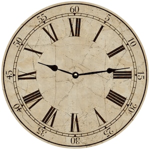May include: A vintage-style wall clock with Roman numeral markings and a distressed beige background. The clock face has a cracked and aged appearance, giving it a rustic charm. The clock hands are black and point to the time of 1:55.