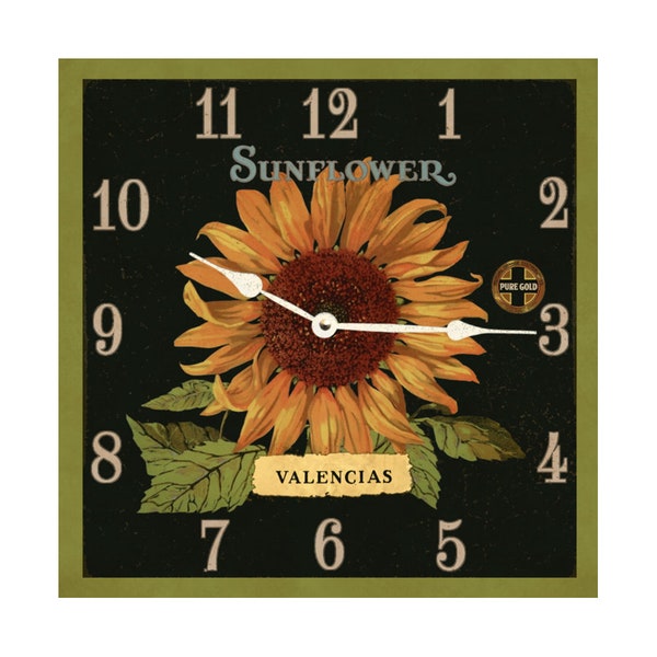 Square Sunflower Clock- Desk or Mantle Clock- Wall Clock- Sunflower Clock