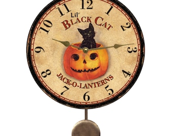 Little Black Cat Jack O Lanterns Pendulum Clock- Halloween Clock