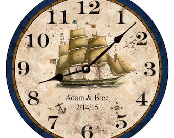 Personalized Nautical Wall Clock with Ship Design – Custom Maritime Decor