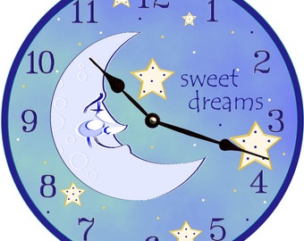 Nursery Clock- Starry Night Sleepy Moon Clock- Space Themed Nursery