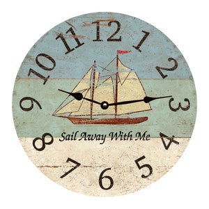 Reloj de pared de barco náutico – Decoración rústica con tema de playa para su hogar – Reloj Sail Away With Me