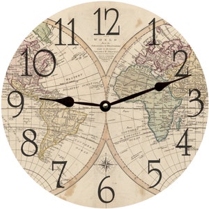 May include: A round wall clock with a vintage world map design. The clock face features Roman numerals and black hands. The map shows the continents of North America, South America, Africa, Europe, and Asia. The text "The World" is printed at the top of the clock face.