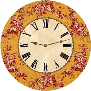 May include: A round clock with Roman numeral markings on a white face. The clock has gold hands and is surrounded by a yellow background with a red floral pattern.