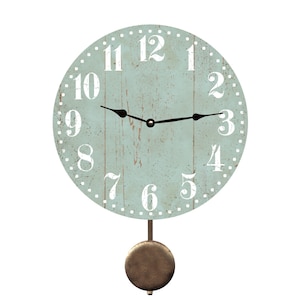 May include: A light blue pendulum clock with white Roman numeral markings on a distressed wood background. The clock has a black metal pendulum and hands.