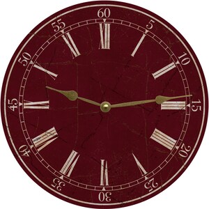 May include: A round, red clock face with Roman numeral hour markers and white markings. The clock face has a distressed, vintage look. The clock hands are gold.