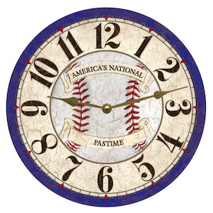 May include: Round wall clock with a baseball theme. The clock face features a baseball design with red stitching and the words "America's National Pastime." The clock has a blue border and black numerals.