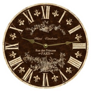 May include: A brown wooden clock face with Roman numerals and a gold-colored hour and minute hand. The clock face has a decorative design with floral motifs and the text "Henri Vendome Rue des Princess PARIS".