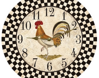 Rooster Wall Clock- Checkered Kitchen Clock- Black and White Clock