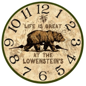 Könnte beinhalten: Eine runde, cremefarbene Uhr mit grünem Rand. Das Zifferblatt zeigt einen braunen Bären, der durch die Mitte geht, mit den Worten "Life is Great at the Lowenstein's" darunter. Das Zifferblatt hat auch schwarze römische Ziffern für die Stunden und schwarze Zeiger.
