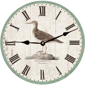 May include: A round, white clock face with Roman numerals and a green outer ring. The clock features a black bird with brown markings standing on a rock. The text "Totanus Hypoleucus Strandläufer" is printed below the bird.