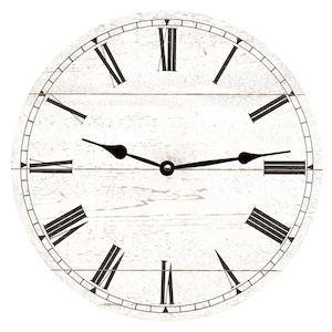 May include: White farmhouse style clock with black Roman numeral hour markers and black hands. The clock face has a distressed woodgrain texture.