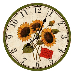 Relógio de parede de girassol personalizado – Decoração rústica de fazenda personalizada