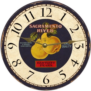 May include: A vintage-style clock with a blue background and a yellow pear design. The clock face features Roman numerals and the text "Sacramento River" and "Bartlett Pears".