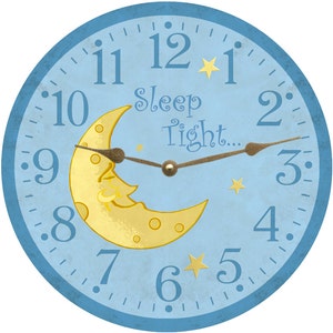 May include: A blue and yellow children's clock with a crescent moon and stars. The clock face reads "Sleep Tight..."