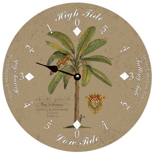 May include: A round, tan-colored tide clock with a palm tree illustration in the center. The clock face has white numbers and diamonds, and the words "High Tide", "Rising Tide", "Falling Tide", and "Low Tide" are printed around the edge. The clock also features a small crest with the text "To His Grace the Duke of Chaulnes, President of the Royal Academy of Sciences, Paris."