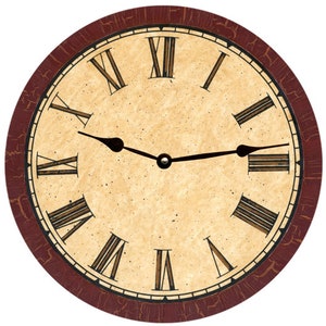 May include: A round, antique-style clock face with Roman numerals and black hands. The clock face is cream-colored with a distressed, aged look. The outer rim of the clock is a deep red with a distressed, aged look.
