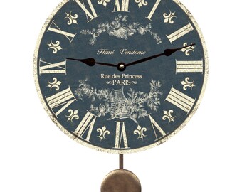 Slate Blue Toile Pendulum Clock- Blue Fleur-de-lis Clock