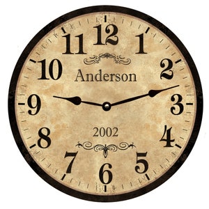 May include: A round, black-framed clock with a cream-coloured face. The clock has black Roman numeral hour markers and black hands. The clock face also includes the text "Anderson" and "2002".