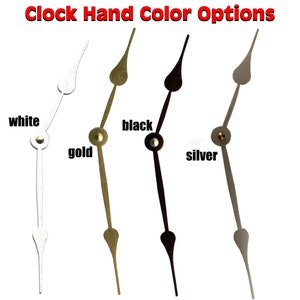 May include: Four clock hands in different colors: white, gold, black, and silver. The hands are shown against a white background.