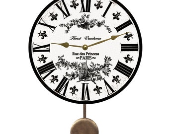 White Pendulum Clock- White and Black French Toile Pendulum Clock