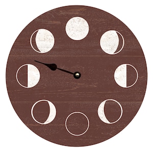 May include: A round, brown wooden clock featuring the phases of the moon in white. The clock hands are black, and the clock face has a distressed, rustic appearance. The clock is a decorative item.