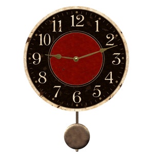 May include: Circular wall clock featuring a black face with white numerals and a red central circle. The clock has gold hands and a pendulum. The clock face has a distressed, vintage appearance.