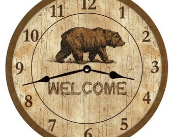 Bear Wall Clock- Rustic Welcome Bear Clock