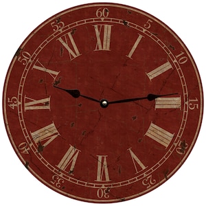 May include: Red round clock face with Roman numeral hour markers and black hands. The clock face has a distressed, vintage look with a white background and brown markings.