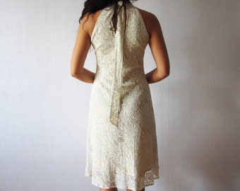 Beige Lace Dress Evening Cocktail Back Bow Tie Collar Floral Bridesmaid Sleeveless Party Dress Creamy Lace Gown Size Medium