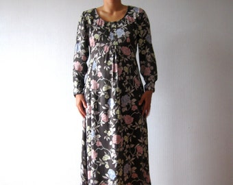 Robe florale pour femme en viscose des années 80, robe imprimée fleurs roses bleu gris, robe midi à manches longues, cadeau pour elle, taille moyenne