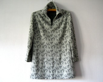 70s Brocade tunic, Metallic silver crimplene long blouse, Long sleeve mini dress, size large
