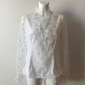 Vintage White Lace Blouse: Silver Thread Ruffle Top, Medium