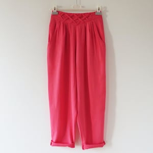 80s Coral Pink Women Summer Peg Leg Pants High Rise Elastic Waist Viscose Tapered Trousers Silky Lightweight Slacks Gift for Her Size Medium
